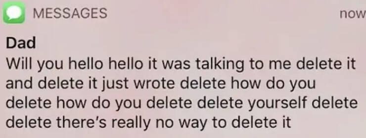Dad Will you hello hello it was talking to me delete it and delete it just wrote delete how do you delete how do you delete delete yourself delete delete there's really no way to delete it