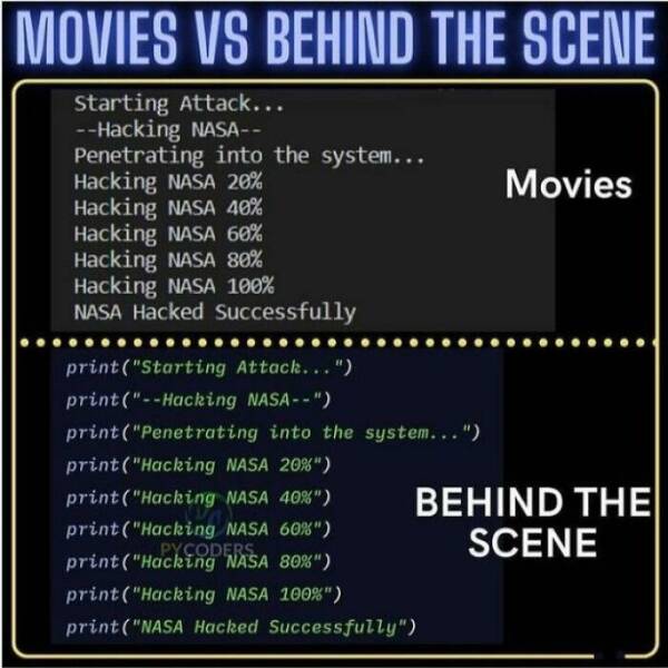 MOVIES VS BEHIND THE SCENE Starting Attack... --Hacking NASA-- Penetrating into the system... Hacking NASA 20% Movies