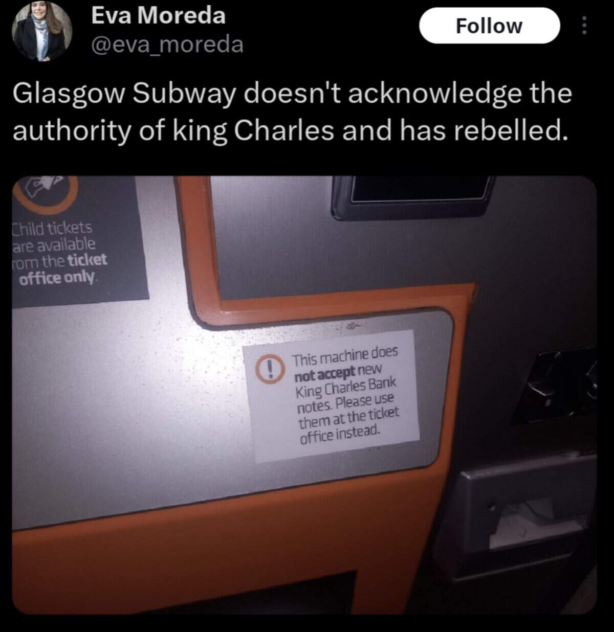 Glasgow Subway doesn't acknowledge the authority of king Charles and has rebelled.