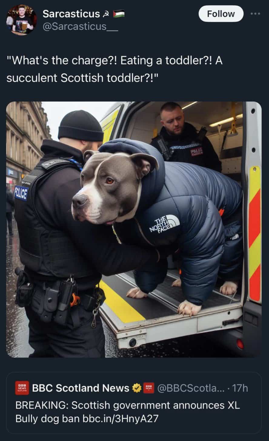 "What's the charge?! Eating a toddler?! A succulent Scottish toddler?!"