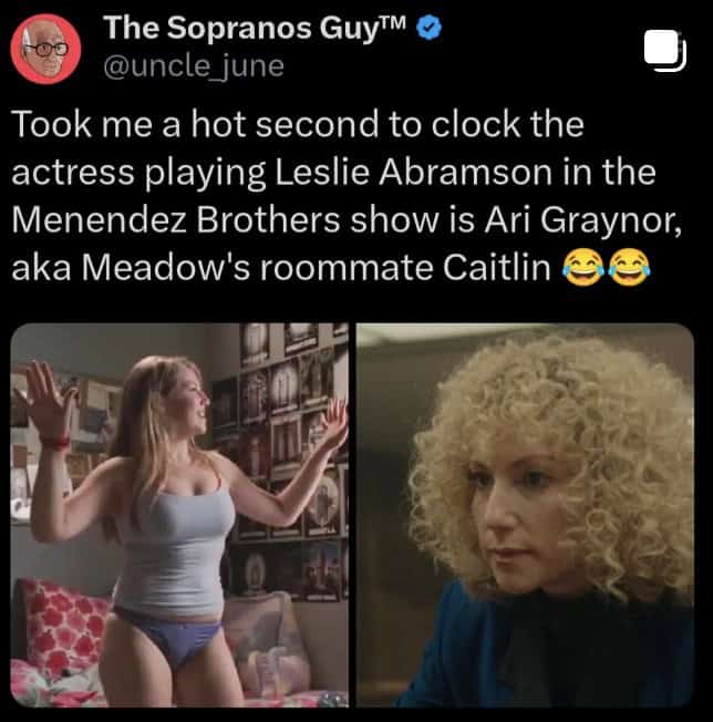 Took me a hot second to clock the actress playing Leslie Abramson in the Menendez Brothers show is Ari Graynor, aka Meadow's roommate Caitlin