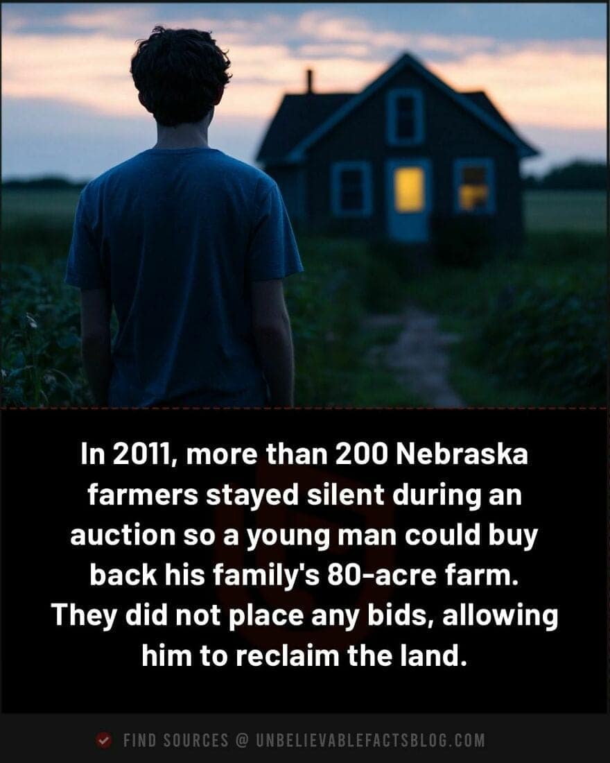 In 2011, more than 200 Nebraska farmers stayed silent during an auction so a young man could buy back his family's 80-acre farm. They did not place any bids, allowing him to reclaim the land.