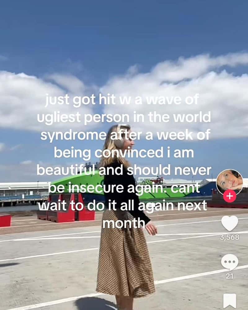 just got hit w a wave of ugliest person in the world syndrome after a week of being convinced i am beautiful and should never be insecure again: cant wait to do it all again next month
