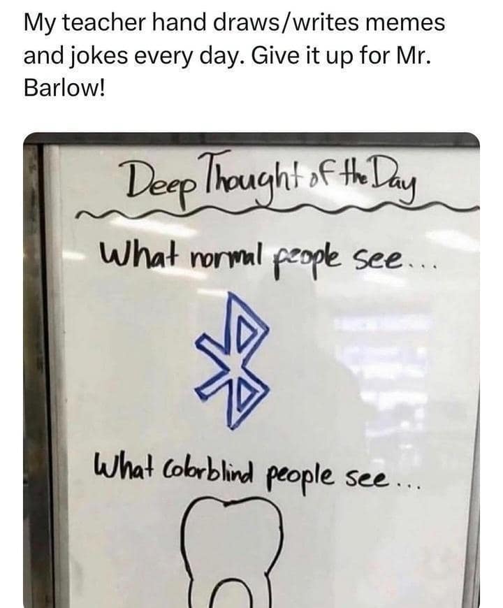 My teacher hand draws/ writes memes and jokes every day. Give it up for Mr. Barlow! Deep Thought of th Day What normal people see... What cobrblind people see.