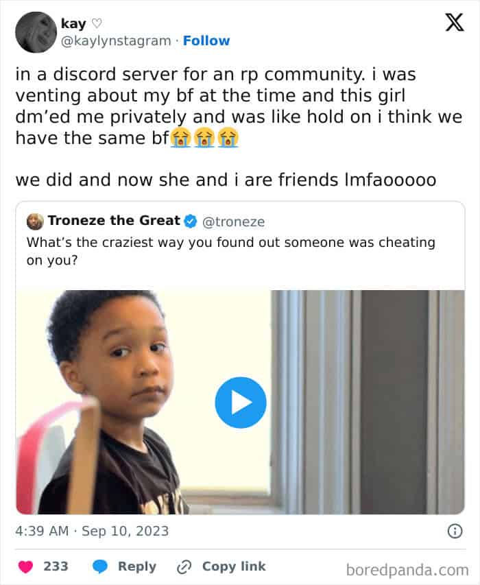 in a discord server for an rp community. i was venting about my bf at the time and this girl dm'ed me privately and was like hold on i think we have the same bf位鐘位 we did and now she and i are friends Imfaooooo