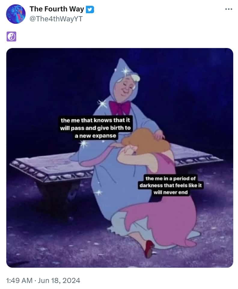 the me that knows that it will pass and give birth to a new expanse 1:49 AM • Jun 18, 2024 the me in a period of darkness that feels like it will never end