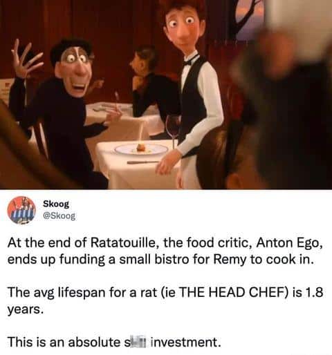 At the end of Ratatouille, the food critic, Anton Ego, ends up funding a small bistro for Remy to cook in. The avg lifespan for a rat (ie THE HEAD CHEF) is 1.8 years.
