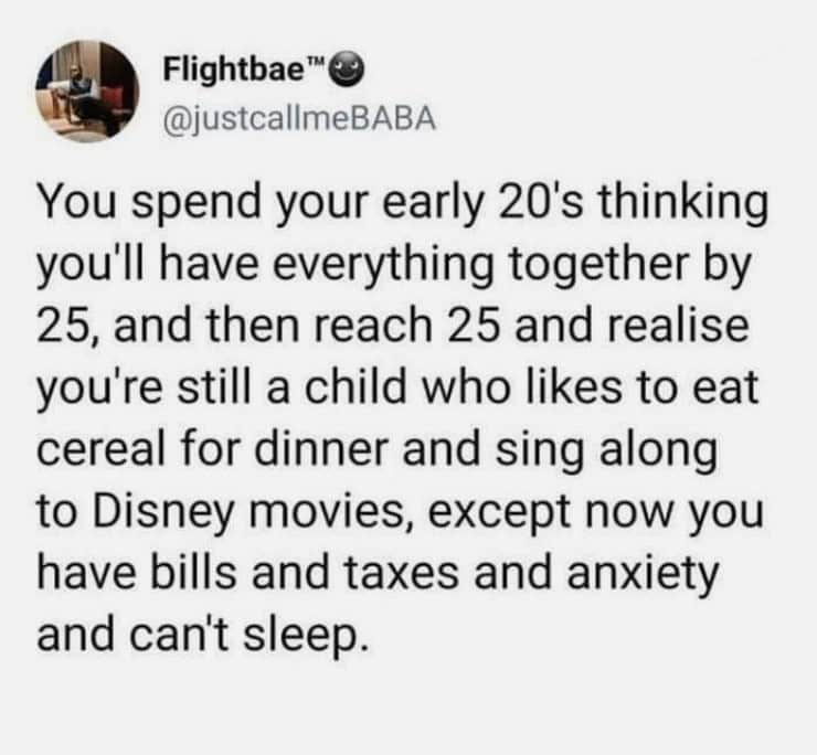 You spend your early 20's thinking you'll have everything together by 25, and then reach 25 and realise you're still a child who likes to eat cereal for dinner and sing along to Disney movies, except now you have bills and taxes and anxiety and can't sleep.
