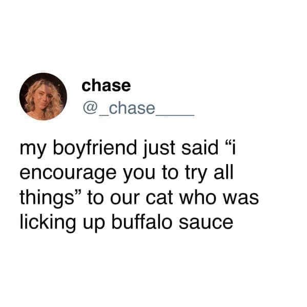 my boyfriend just said "i encourage you to try all things" to our cat who was licking up buffalo sauce