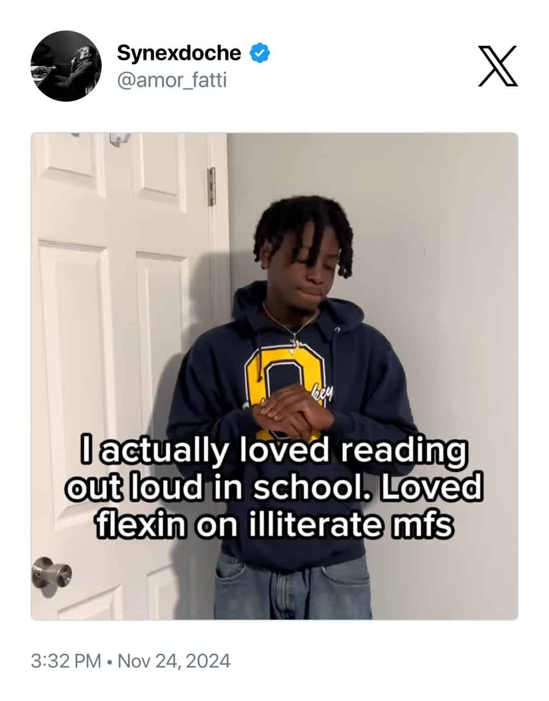 I actually loved reading out loud in school. Loved flexin on illiterate mfs