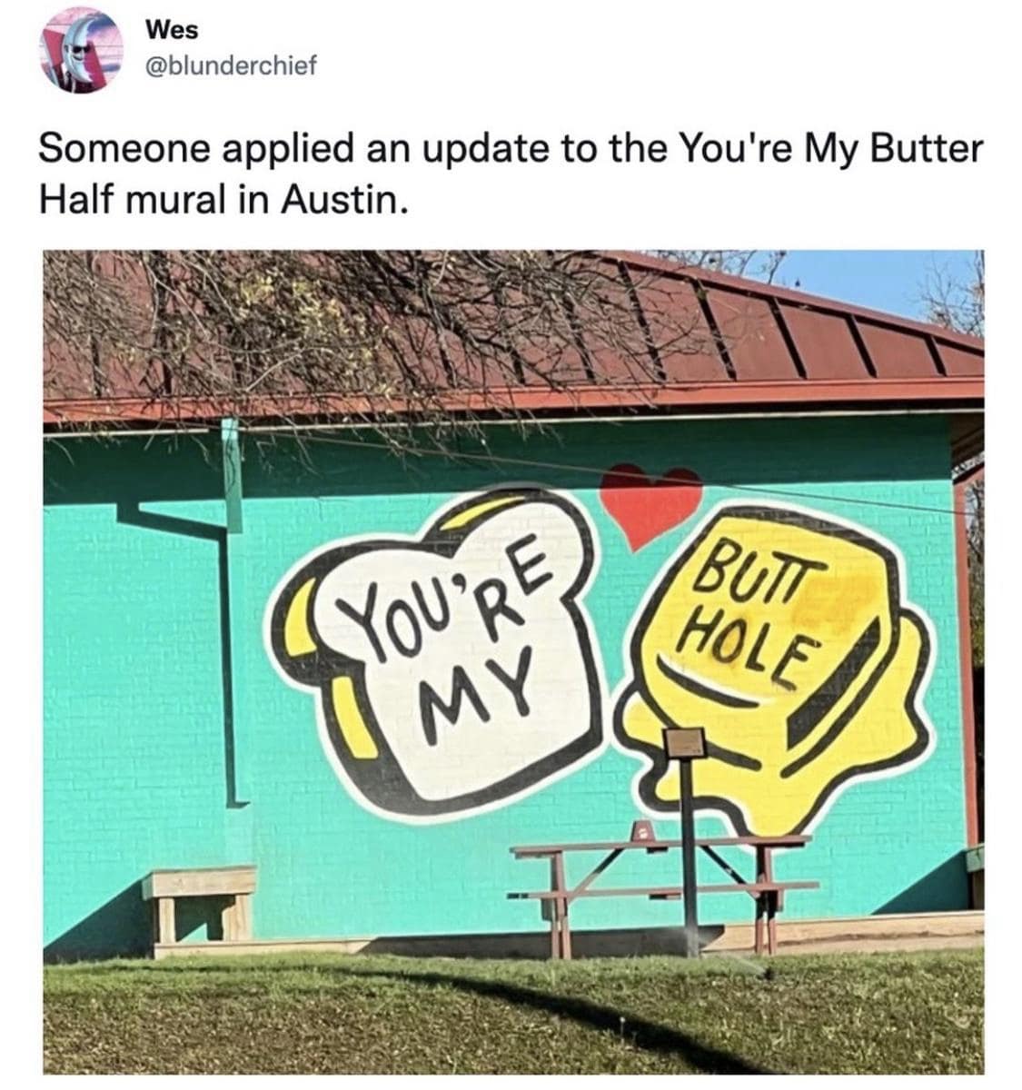 Someone applied an update to the You're My Butter Half mural in Austin.
