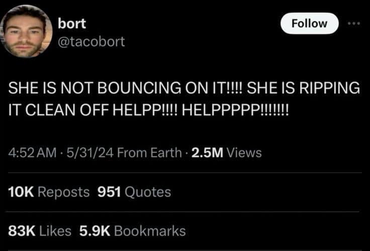 SHE IS NOT BOUNCING ON IT!!! SHE IS RIPPING IT CLEAN OFF HELPP!!!! HELPPPPP!!!!!!