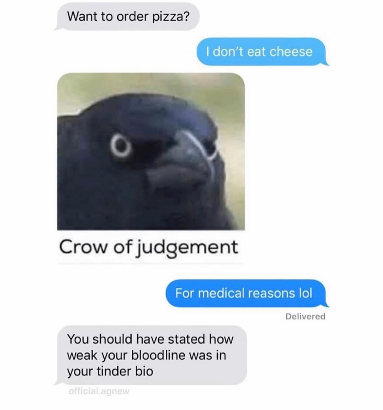 Want to order pizza? I don't eat cheese Crow of judgement For medical reasons lol Delivered You should have stated how weak your bloodline was in your tinder bio