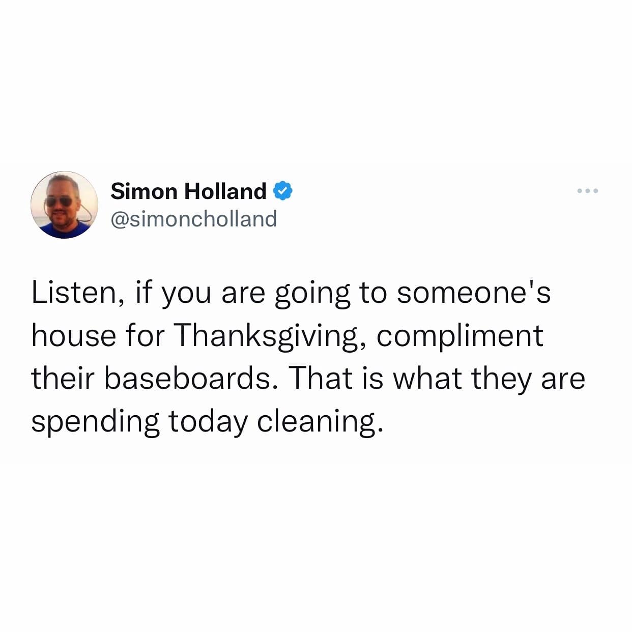 Listen, if you are going to someone's house for Thanksgiving, compliment their baseboards. That is what they are spending today cleaning.