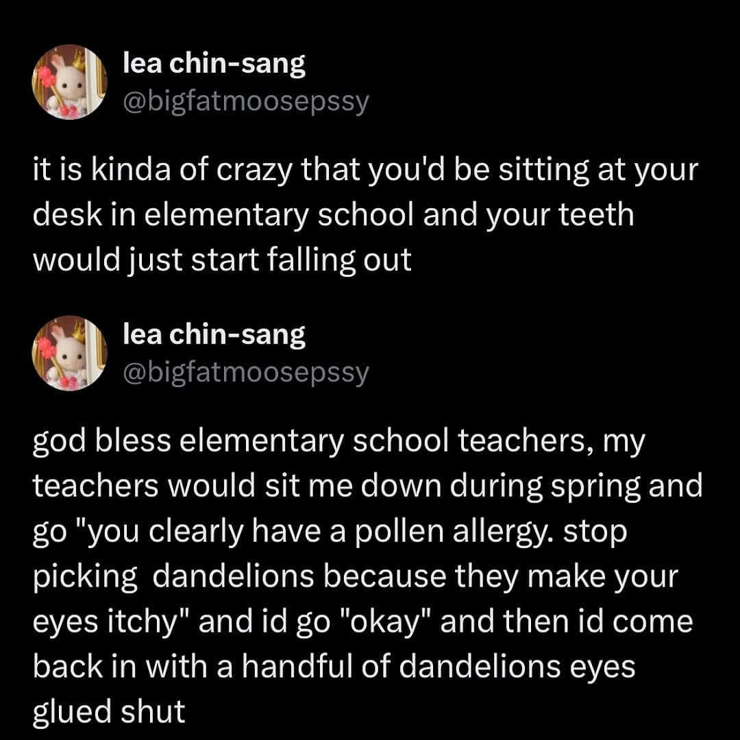 god bless elementary school teachers, my teachers would sit me down during spring and go "you clearly have a pollen allergy. stop picking dandelions because they make your eyes itchy" and id go "okay" and then id come back in with a handful of dandelions eyes glued shut