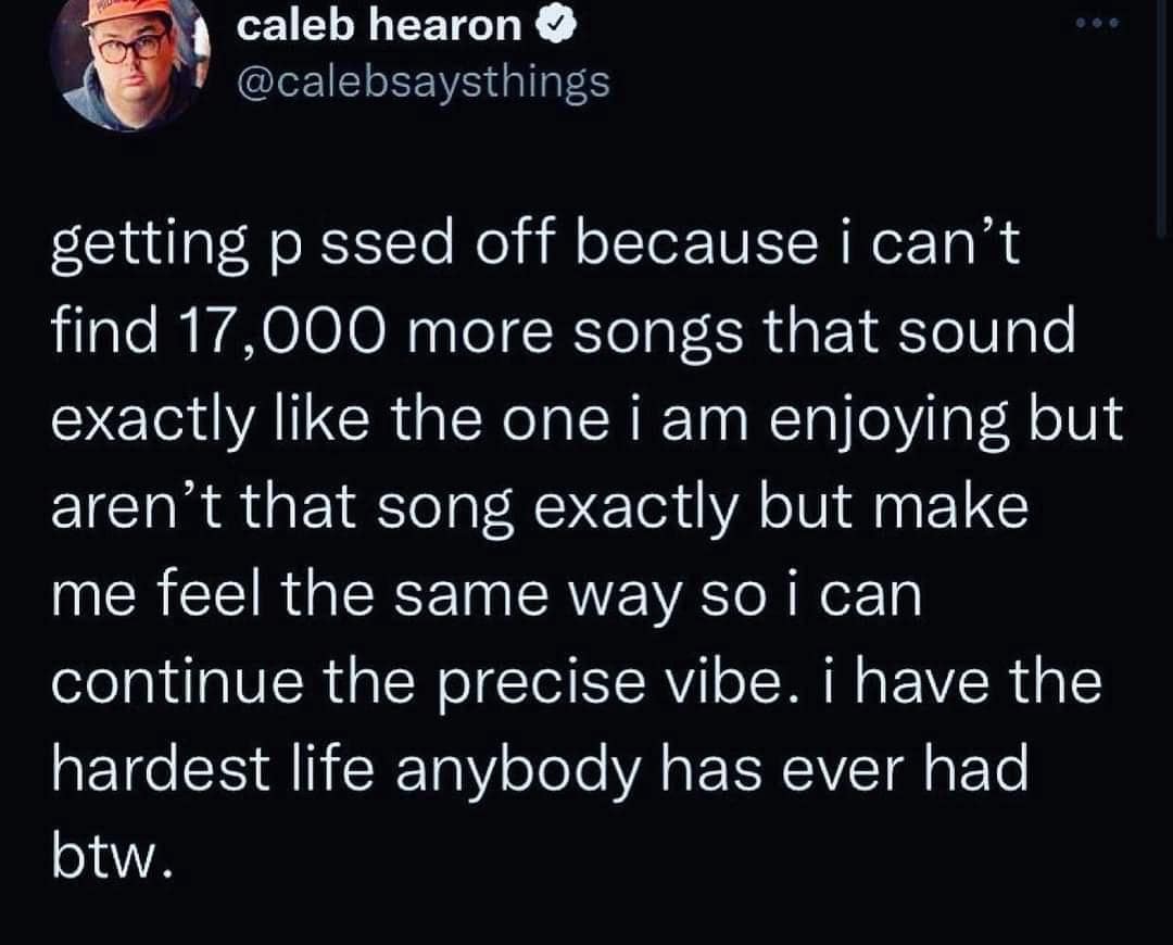 getting p ssed off because i can't find 17,000 more songs that sound exactly like the one i am enjoying but aren't that song exactly but make me feel the same way so i can continue the precise vibe. i have the hardest life anybody has ever had btw.