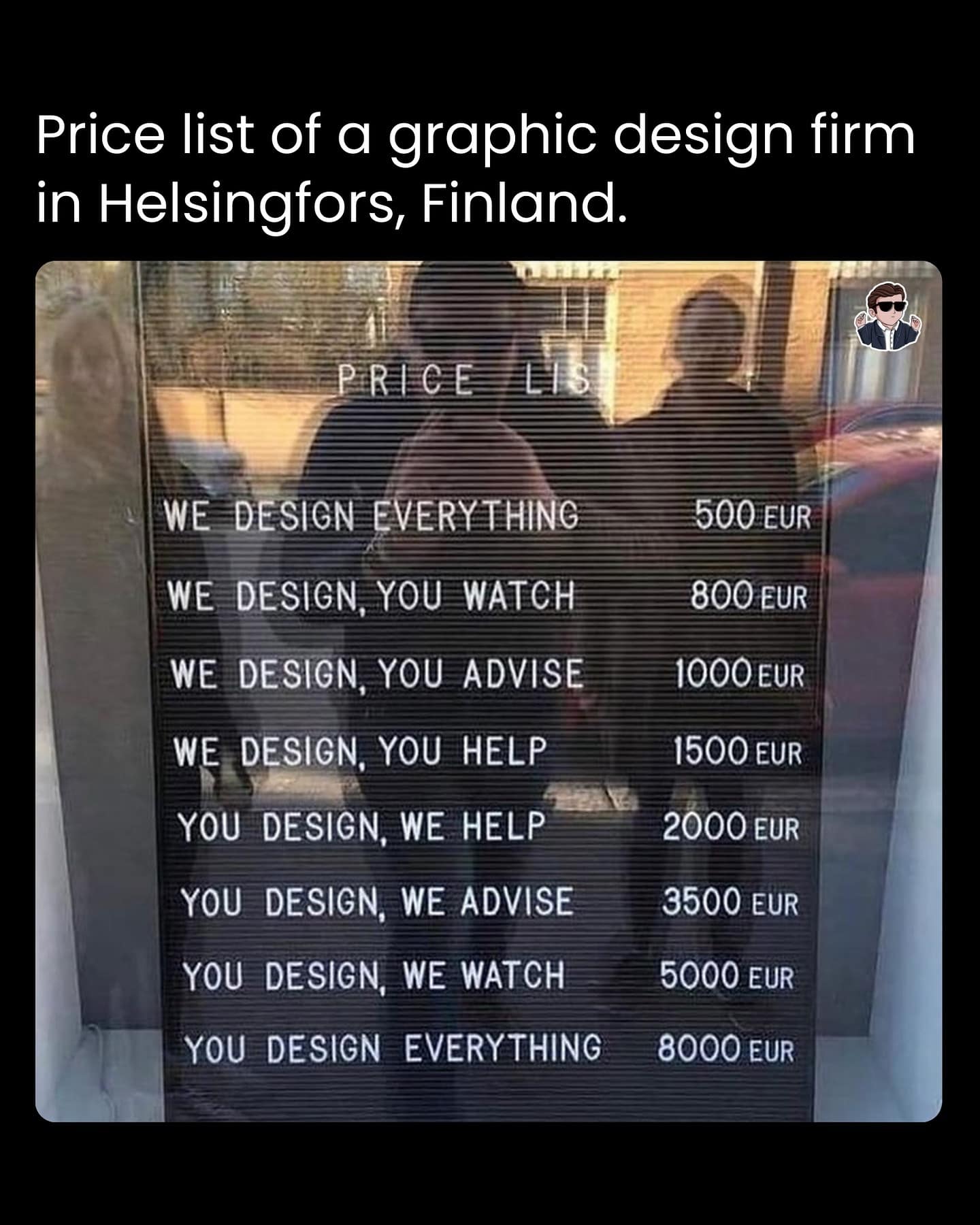 Price list of a graphic design firm in Helsingfors, Finland.