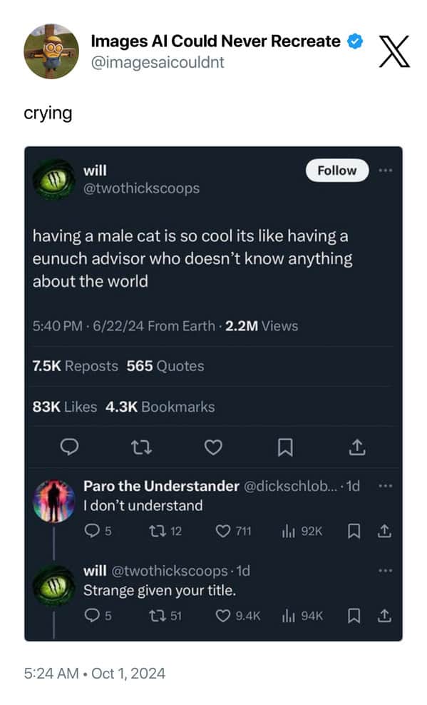 having a male cat is so cool its like having a eunuch advisor who doesn't know anything about the world