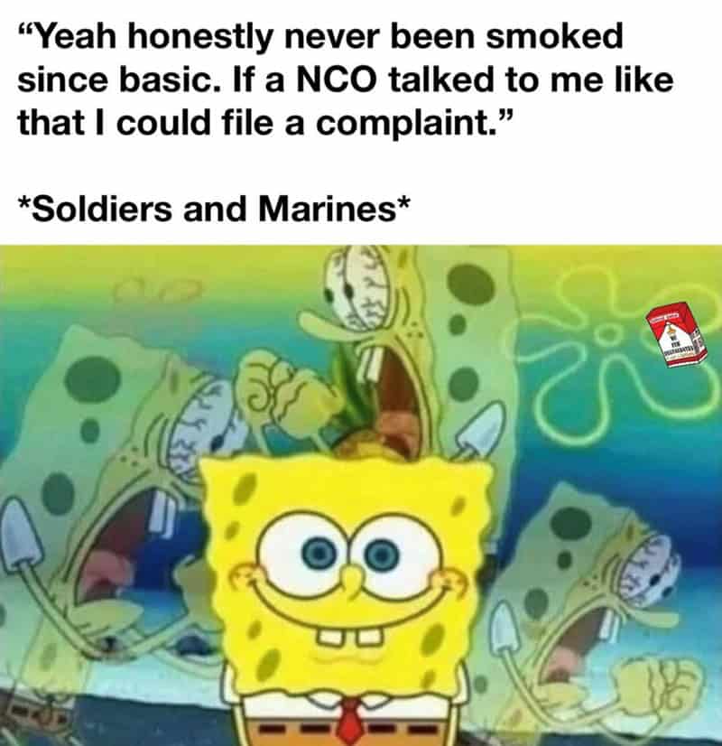 "Yeah honestly never been smoked since basic. If a NCO talked to me like that I could file a complaint." *Soldiers and Marines*