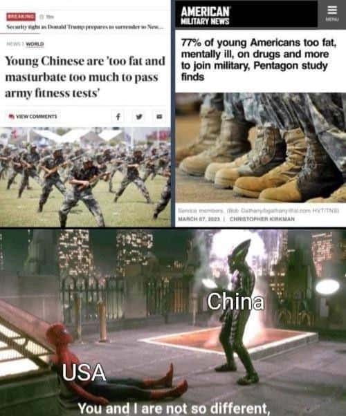 Young Chinese are 'too fat and masturbate too much to pass army fitness tests' AMERICAN MILITARY NEWS 77% of young Americans too fat, mentally ill, on drugs and more to join military, Pentagon study finds China USA You and I are not so different,
