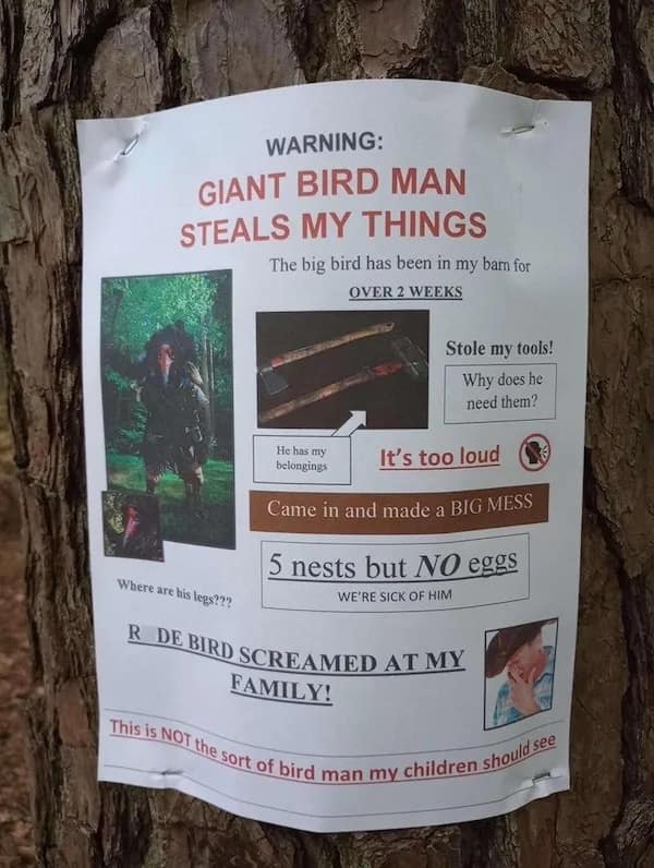 WARNING: GIANT BIRD MAN STEALS MY THINGS