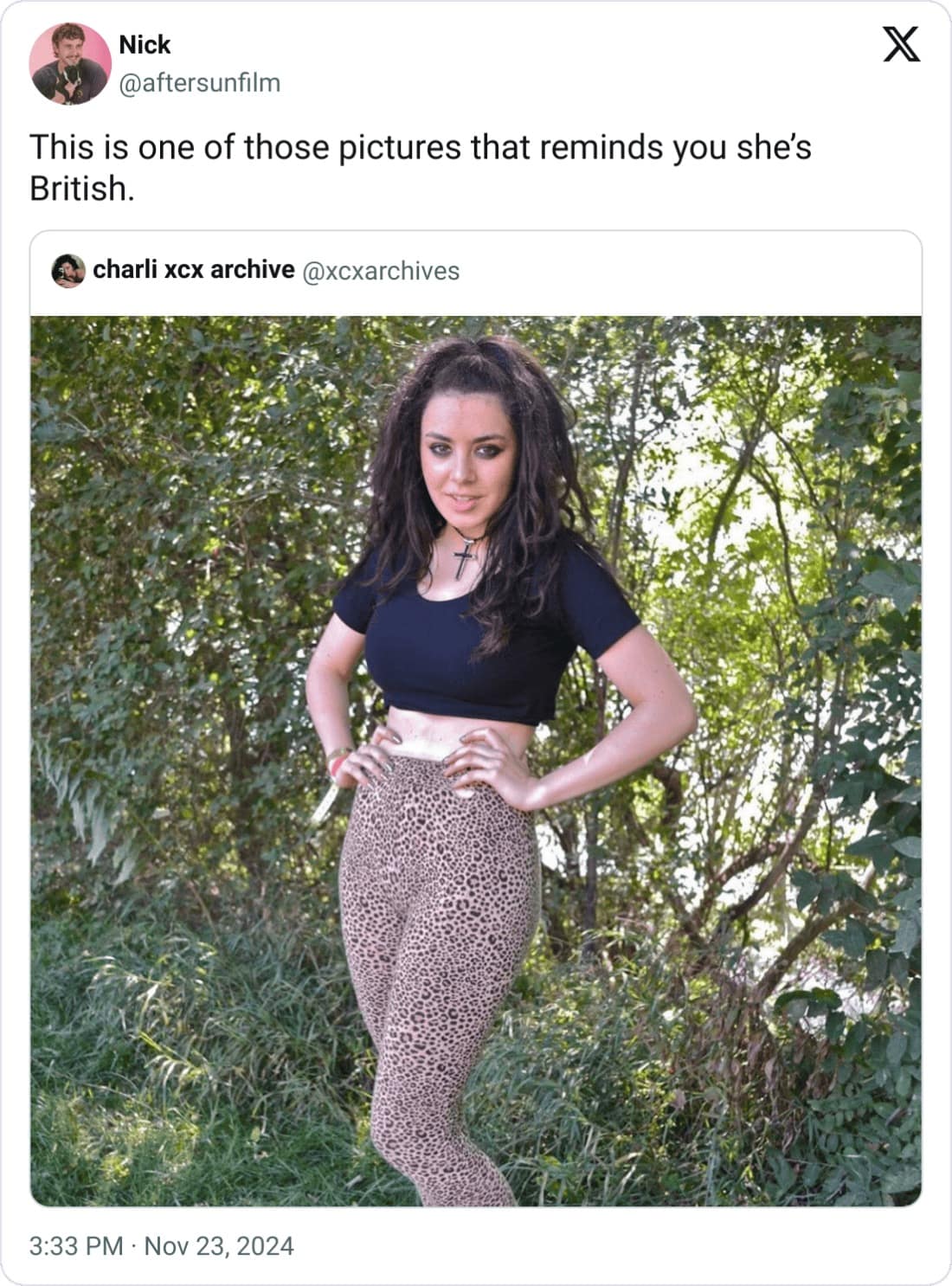 Nick @aftersunfilm This is one of those pictures that reminds you she's British. charli xx archive @xcxarchives 3:33 PM • Nov 23, 2024