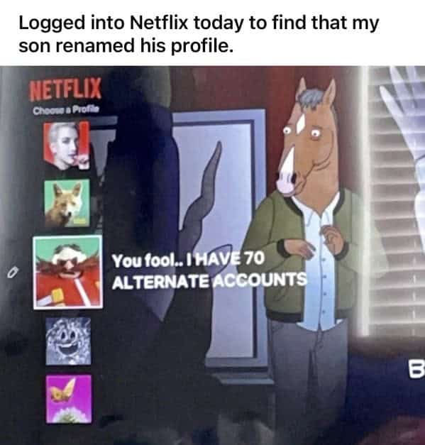 Logged into Netflix today to find that my son renamed his profile. NETFLIX Choose a Profia You fool.. I HAVE 70 ALTERNATE ACCOUNTS