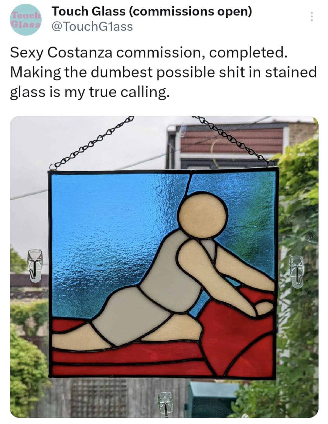 fouch Touch Glass (commissions open) Glass @TouchG1ass Sexy Costanza commission, completed. Making the dumbest possible shit in stained glass is my true calling.
