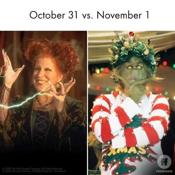 october 31st vs november 1st memes, October 31 to Nov 1 memes, October 31 memes, Halloween vs Christmas memes, holiday transition memes, spooky memes