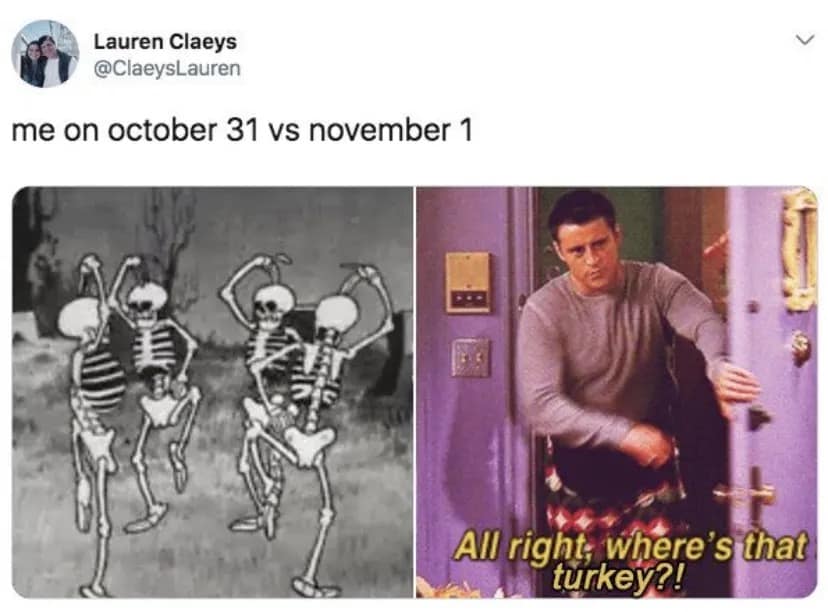 october 31st vs november 1st memes, October 31 to Nov 1 memes, October 31 memes, Halloween vs Christmas memes, holiday transition memes, spooky memes
