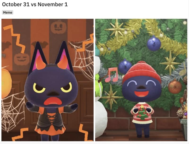 october 31st vs november 1st memes, October 31 to Nov 1 memes, October 31 memes, Halloween vs Christmas memes, holiday transition memes, spooky memes