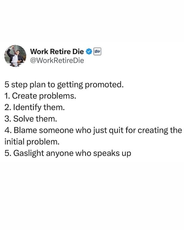 5 step plan to getting promoted. 1. Create problems. 2. Identify them. 3. Solve them. 4. Blame someone who just quit for creating the initial problem. 5. Gaslight anyone who speaks up