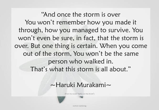 "And once the storm is over You won't remember how you made it through, how you managed to survive. You won't even be sure, in fact, that the storm is over. But one thing is certain. When you come out of the storm. You won't be the same person who walked in. That's what this storm is all about."