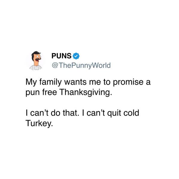 My family wants me to promise a pun free Thanksgiving. I can't do that. I can't quit cold Turkey.