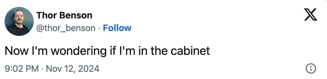 Thor Benson @thor_benson • Follow Now I'm wondering if I'm in the cabinet 9:02 PM • Nov 12, 2024 X ®