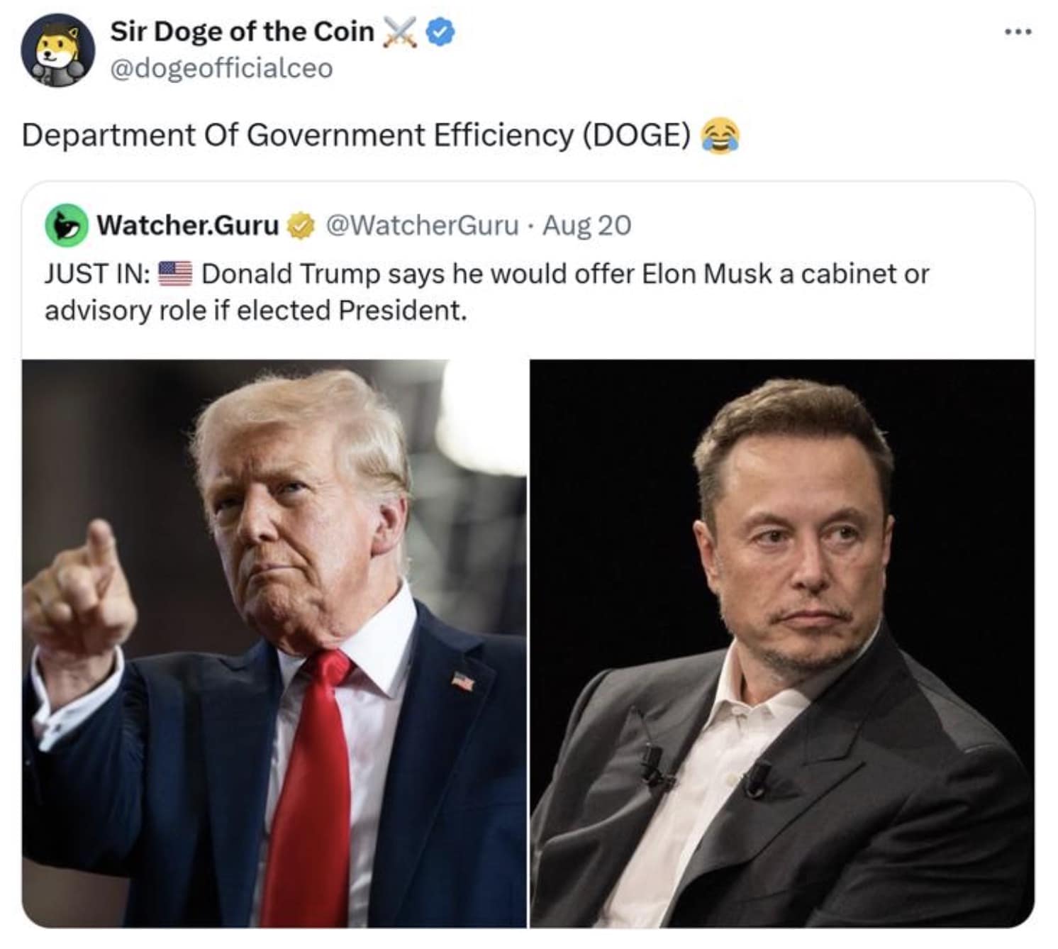 Sir Doge of the Coin @dogeofficialceo Department Of Government Efficiency (DOGE) Watcher. Guru @WatcherGuru • Aug 20 JUST IN: Donald Trump says he would offer Elon Musk a cabinet or advisory role if elected President.