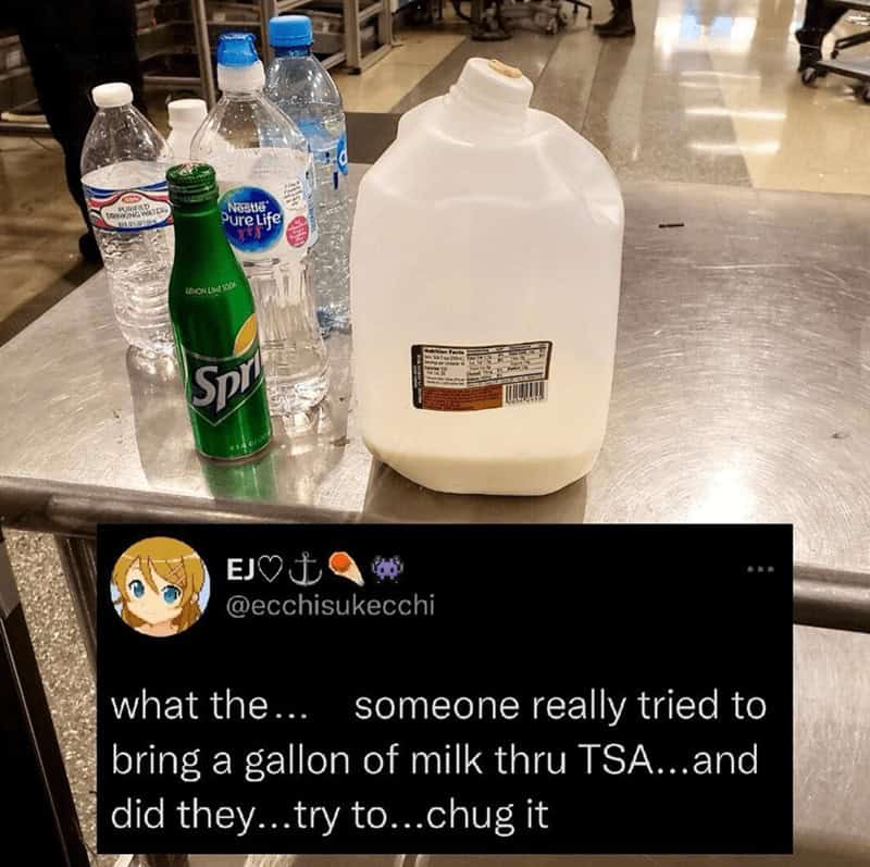 what the... someone really tried to bring a gallon of milk thru TSA...and did they...try to... chug