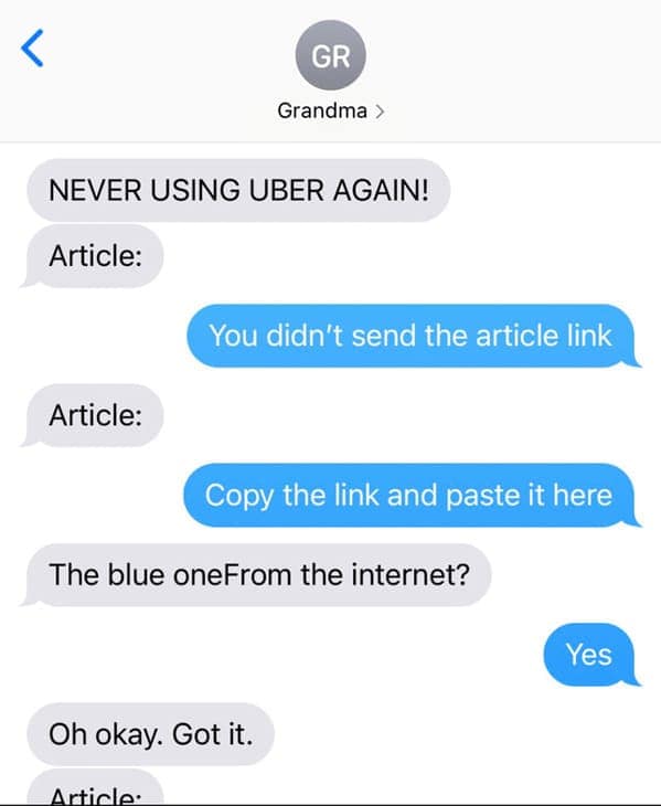 NEVER USING UBER AGAIN! Article: You didn't send the article link Article: Copy the link and paste it here The blue oneFrom the internet? Yes Oh okay. Got