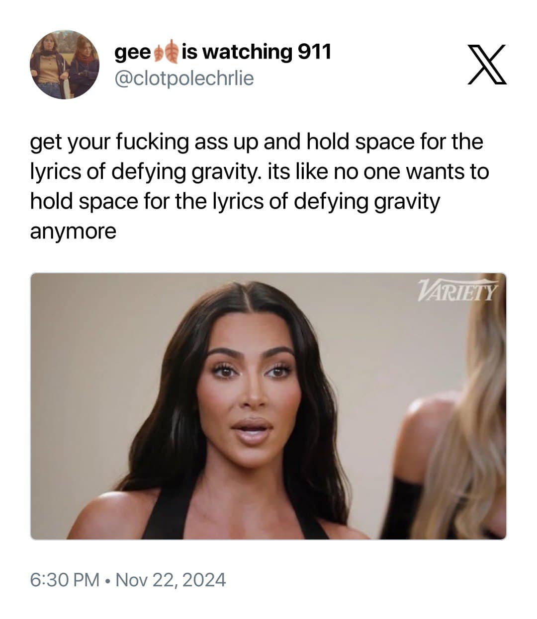 get your fucking ass up and hold space for the lyrics of defying gravity. its like no one wants to hold space for the lyrics of defying gravity anymore