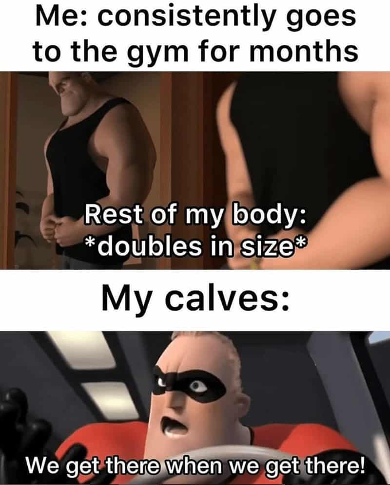Me: consistently goes to the gym for months Rest of my body: *doubles in size* My calves: We get there when we get there!