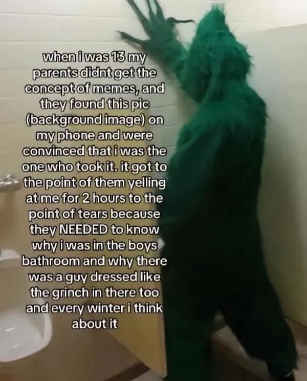 when i was 13 my parents didnt get the concept of memes, and they found this pic (background image) on my phone and were convinced that i was the one who took it. it got to the point of them yelling at me for 2 hours to the point of tears because they NEEDED to know why i was in the boys bathroom and why there was a guy dressed like the grinch in there too and every winter i think about it