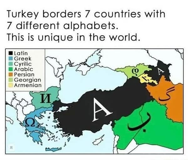 Turkey borders 7 countries with 7 different alphabets. This is unique in the world.