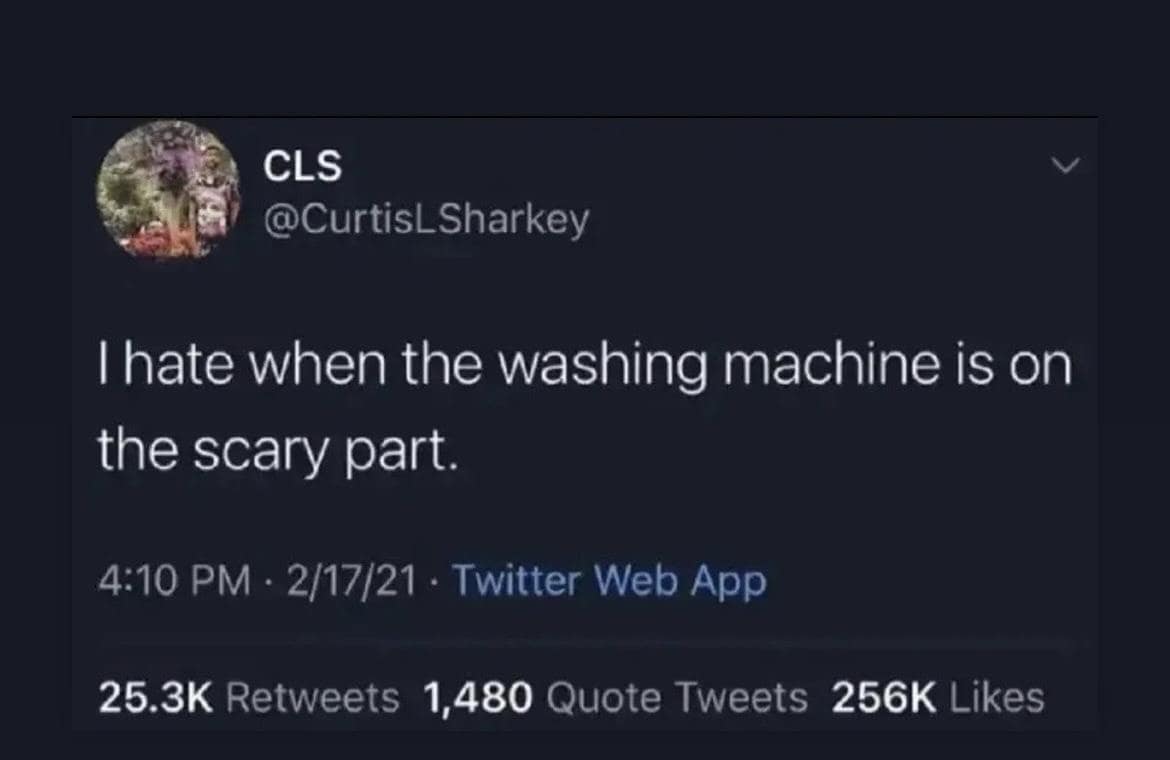 CLS @CurtisLSharkey I hate when the washing machine is on the scary part. 4:10 PM • 2/17/21 - Twitter Web App 25.3K Retweets 1,480 Quote Tweets 256K Likes