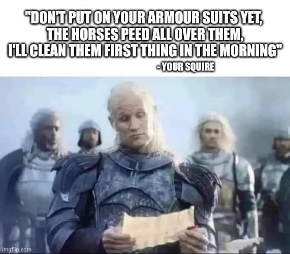 "DONT PUT ON YOUR ARMOUR SUITS YET, THE HORSES PEED ALL OVER THEM, OLL CLEAN THEM FIRST THING IN THE MORNING" -YOUR SQUIRE imgilip.com