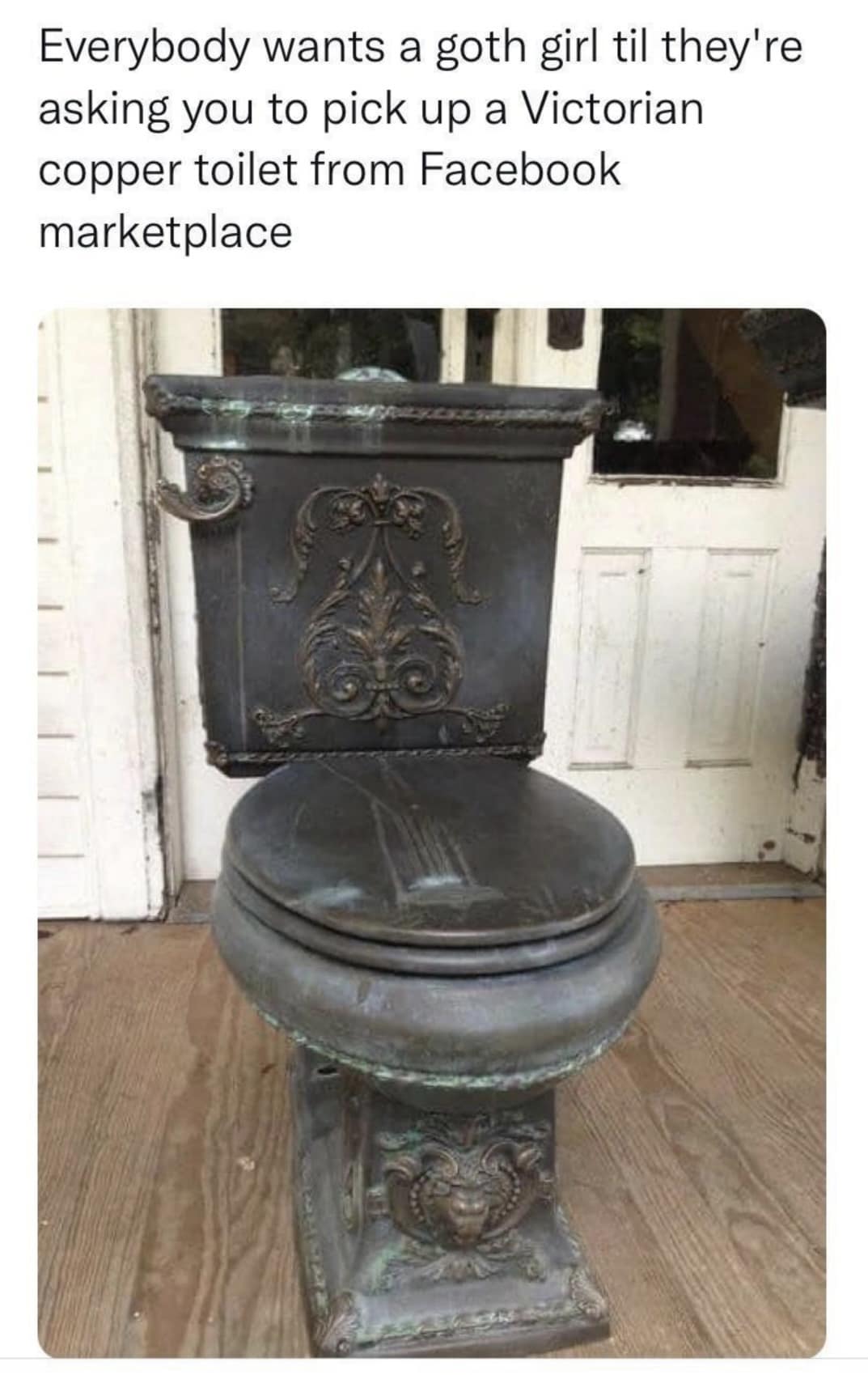 Everybody wants a goth girl til they're asking you to pick up a Victorian copper toilet from Facebook marketplace