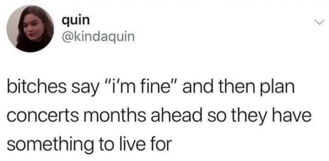 quin @kindaquin bitches say "i'm fine" and then plan concerts months ahead so they have something to live for