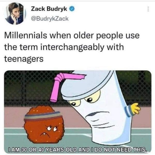 Zack Budryk @BudrykZack Millennials when older people use the term interchangeably with teenagers DAM 30 OR 40 YEARS OLD AND I DO NOT NEED THIS.