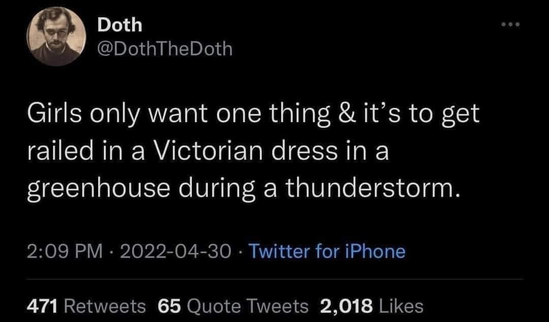 Doth @DothTheDoth Girls only want one thing & it's to get railed in a Victorian dress in a greenhouse during a thunderstorm. 2:09 PM • 2022-04-30 • Twitter for iPhone 471 Retweets 65 Quote Tweets 2,018 Likes