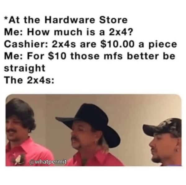 *At the Hardware Store Me: How much is a 2x4? Cashier: 2x4s are $10.00 a piece Me: For $10 those mfs better be straight The 2x4s: