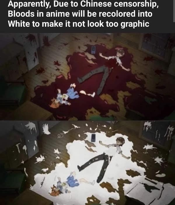 Apparently, Due to Chinese censorship, Bloods in anime will be recolored into White to make it not look too graphic